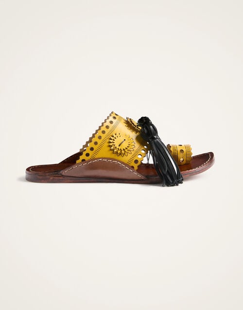 La Doublej Sandy Slides Solid Yellow In Leather With Tassels