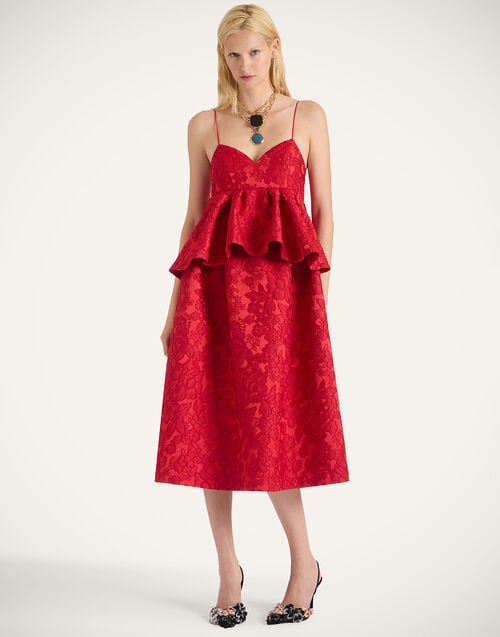 la doublej Satine Dress Peony Red in Light Jacquard Matelassé