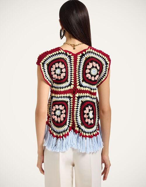 La Doublej Sole Star Crochet Top Multicolor Red & Black In Cotton Crochet