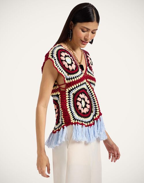 La Doublej Sole Star Crochet Top Multicolor Red & Black In Cotton Crochet