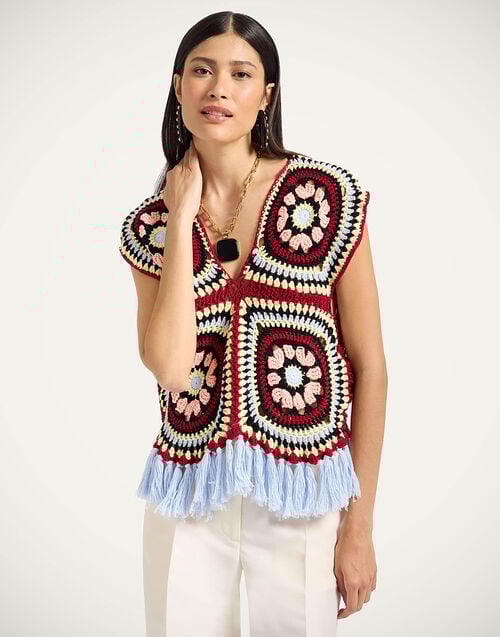 la doublej Sole Star Crochet Top Multicolor Red & Black in Cotton Crochet