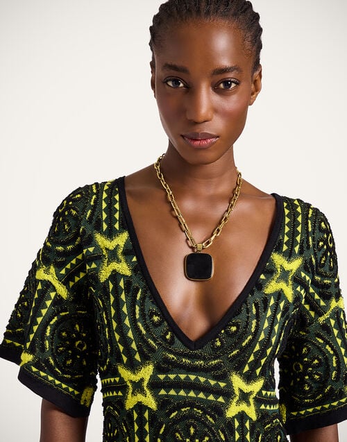 La Doublej Sole Star Dress Multicolor Green & Yellow In Cotton Mix Jacquard