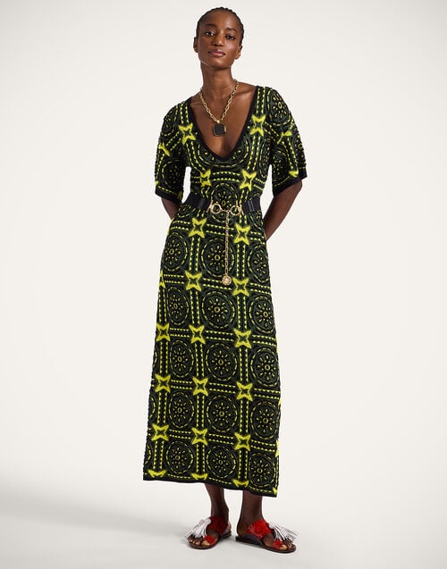 la doublej Sole Star Dress Multicolor Green & Yellow in Cotton Mix Jacquard