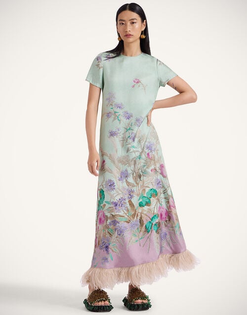 La Doublej Swing Dress Heath Placée Mint In Silk Twill With Feathers