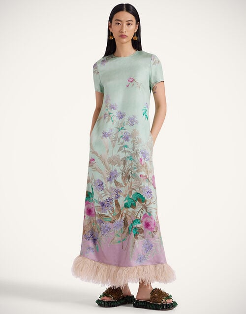 la doublej Swing Dress Heath Placée Mint in Silk Twill with Feathers
