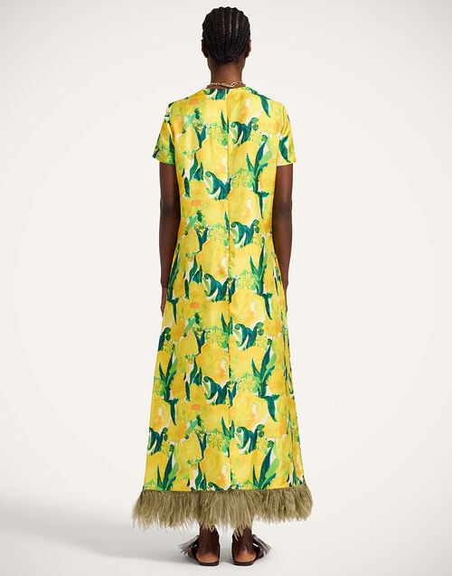 La Doublej Swing Dress Zesty Yellow In Silk Twill With Feathers