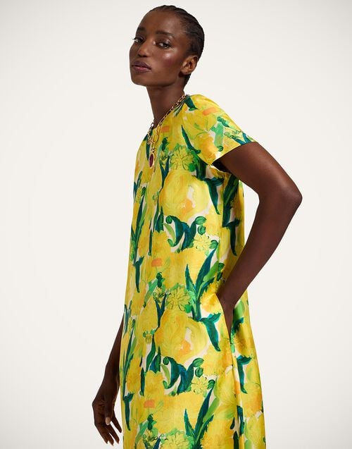 La Doublej Swing Dress Zesty Yellow In Silk Twill With Feathers