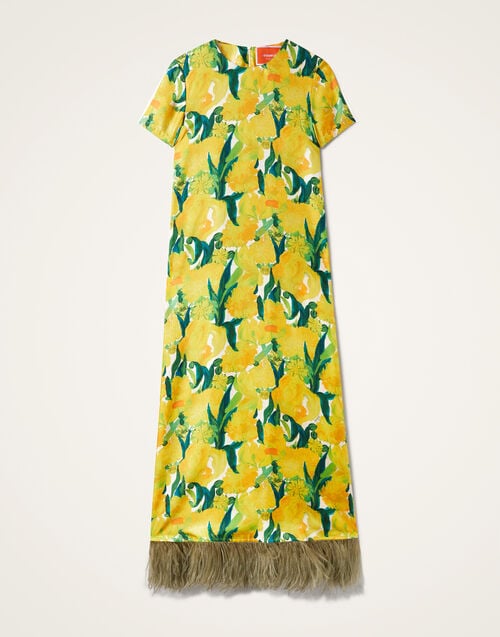 La Doublej Swing Dress Zesty Yellow In Silk Twill With Feathers