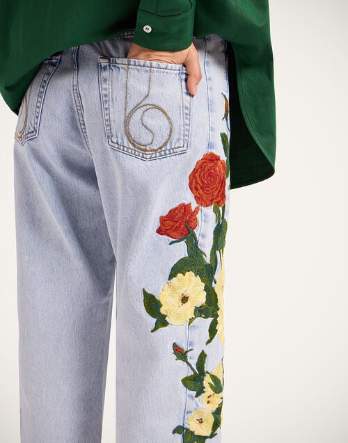 La Doublej The Barrel Jean Bloomy Multicolor Red & Yellow In Embroidered Denim
