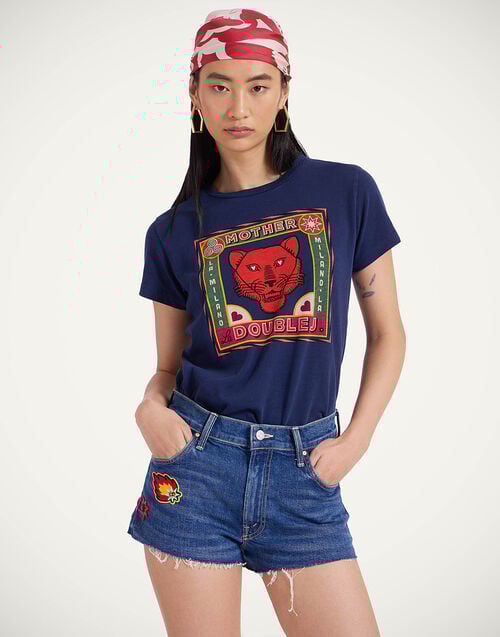 la doublej The Dodger Short Fray Shorts Patch It Up Blue in Denim