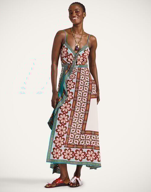 la doublej Turn Around Dress Pagoda Placée Rust in Crepe De Chine