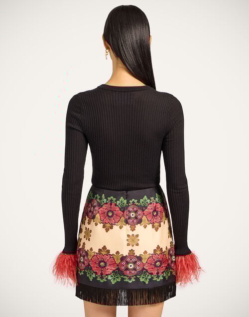 La Doublej V-Neck High Kick Top Solid Black In Ribbed Silk Cashmere With Feathers