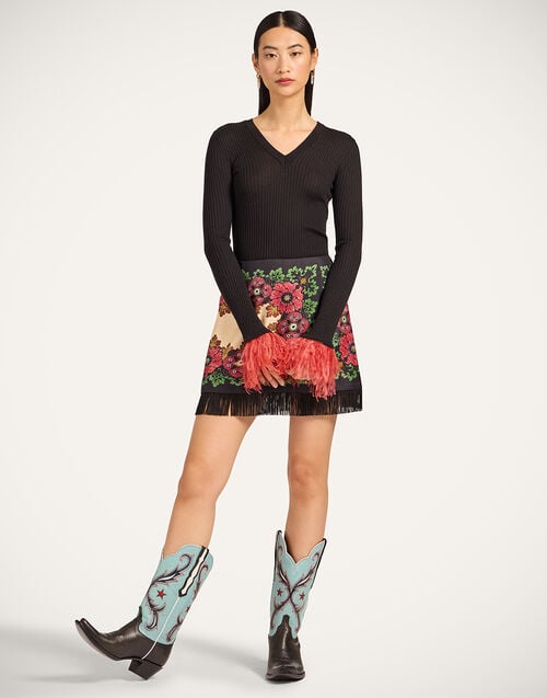 La Doublej V-Neck High Kick Top Solid Black In Ribbed Silk Cashmere With Feathers