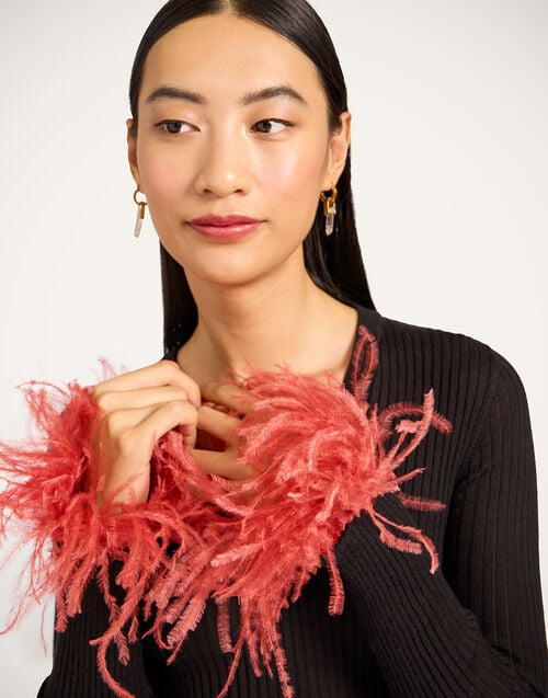 La Doublej V-Neck High Kick Top Solid Black In Ribbed Silk Cashmere With Feathers