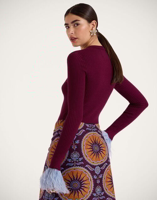 La Doublej V-Neck High Kick Top Solid Burgandy In Ribbed Silk Cashmere With Feathers