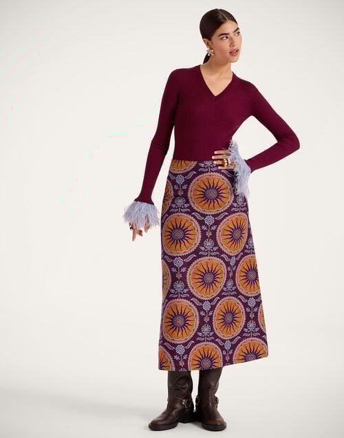 La Doublej V-Neck High Kick Top Solid Burgandy In Ribbed Silk Cashmere With Feathers