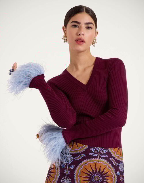 La Doublej V-Neck High Kick Top Solid Burgandy In Ribbed Silk Cashmere With Feathers