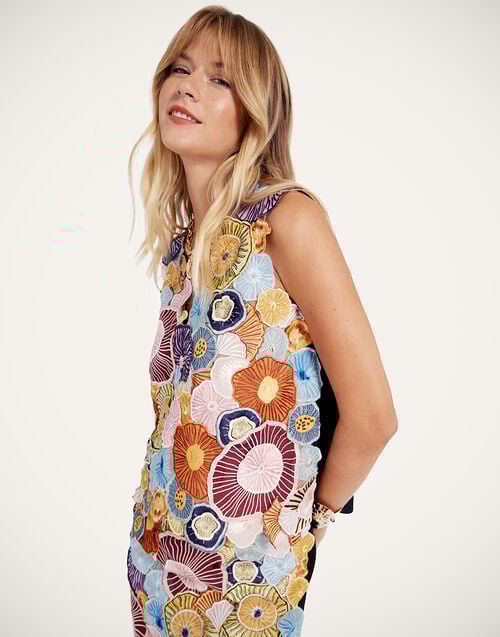 La Doublej V-Neck Scala Top Fun-Gi Yellow In Cotton Viscose Embroidery