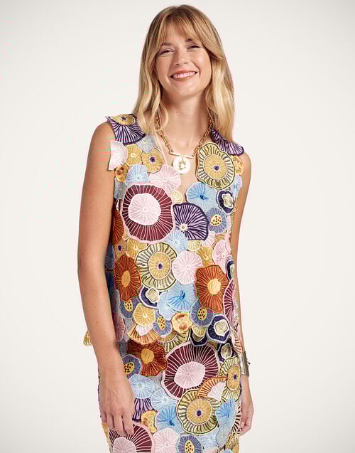 la doublej V-Neck Scala Top Fun-Gi Yellow in Cotton Viscose Embroidery