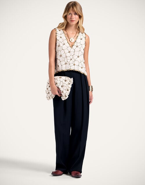 La Doublej V-Neck Scala Top Solid White In Crystal Chiffon Embroidery