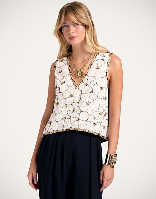 la doublej V-Neck Scala Top Solid White in Crystal Chiffon Embroidery