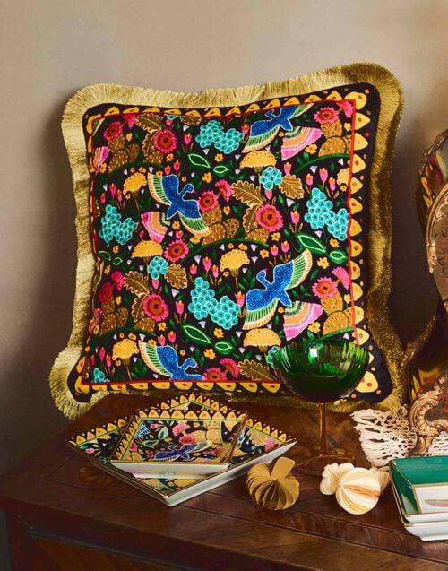 La Doublej Velvet Cushion Colombo Black In Cotton Velvet