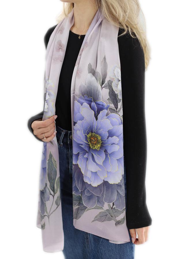 La Fiorentina 100% Silk Floral Print Scarf - Purple - (One Size 68x21.2in)