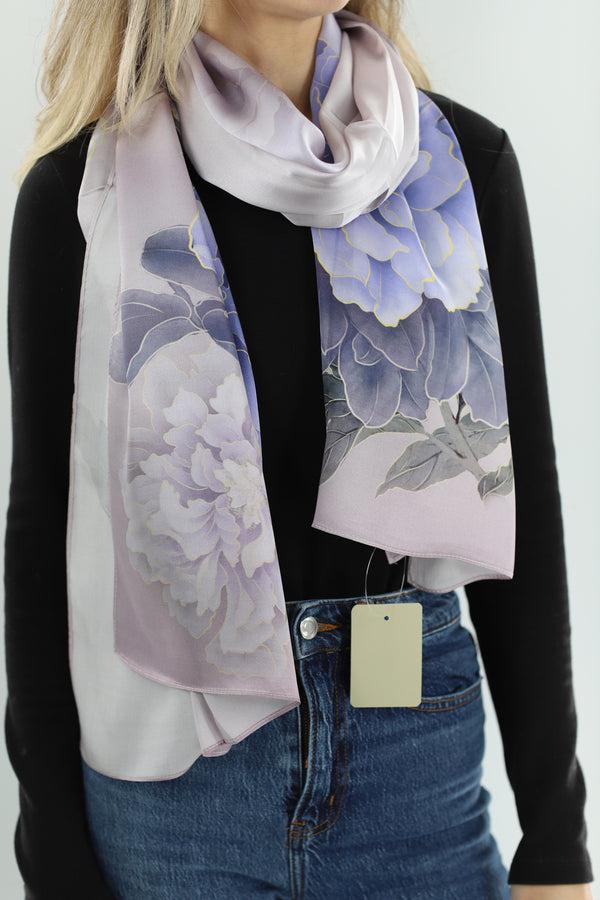 La Fiorentina 100% Silk Floral Print Scarf - Purple - (One Size 68x21.2in)