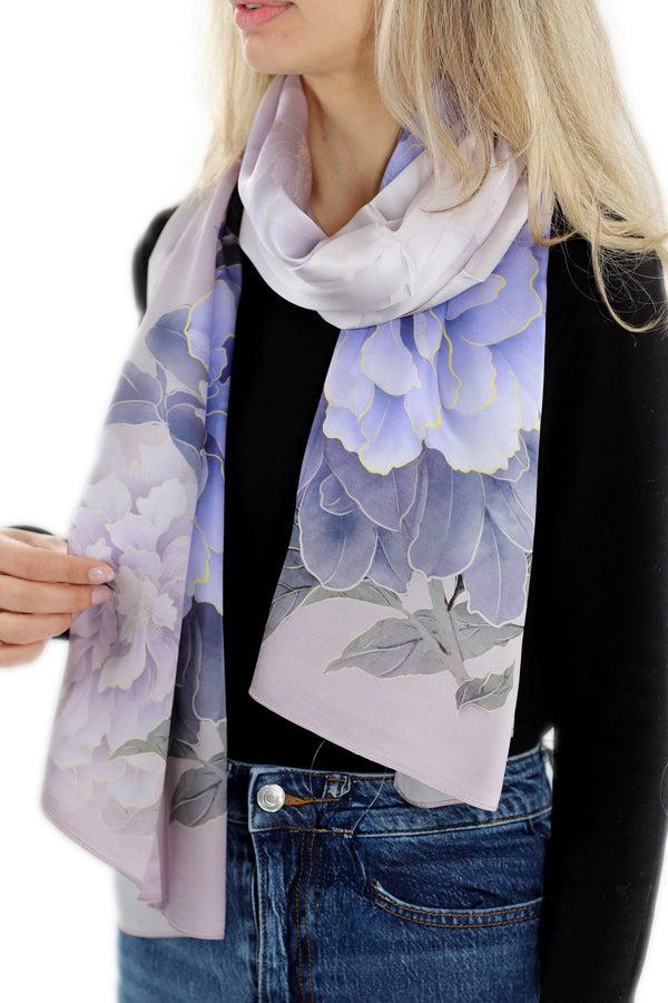 La Fiorentina 100% Silk Floral Print Scarf - Purple - (One Size 68x21.2in)