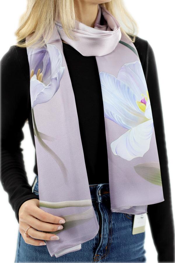 La Fiorentina 100% Silk Floral Print Scarf - Purple - (One Size 68x21.2in)