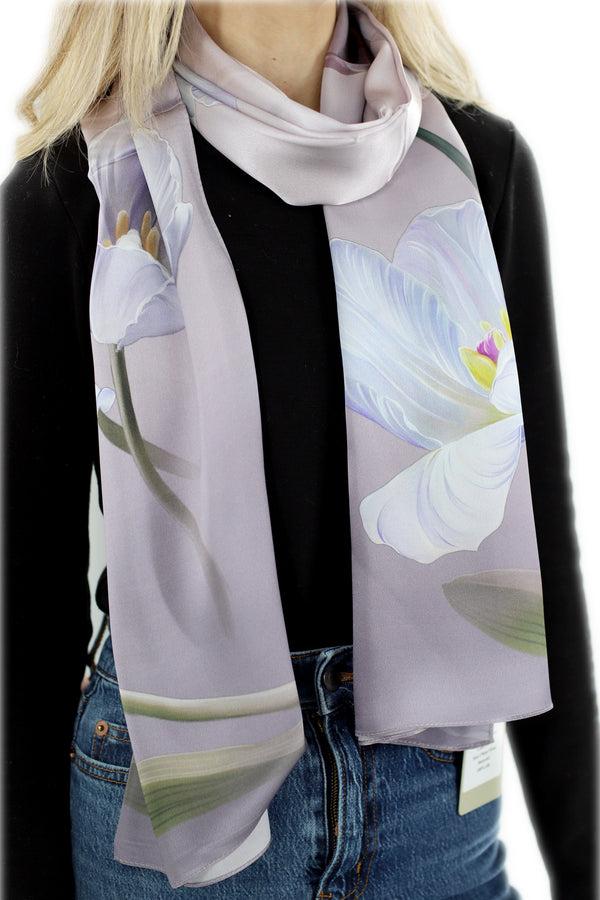 La Fiorentina 100% Silk Floral Print Scarf - Purple - (One Size 68x21.2in)