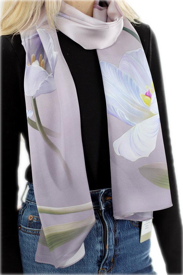 La Fiorentina 100% Silk Floral Print Scarf - Purple - (One Size 68x21.2in)