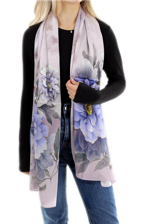 la fiorentina 100% Silk Floral Print Scarf - Purple - (One Size 68x21.2in)