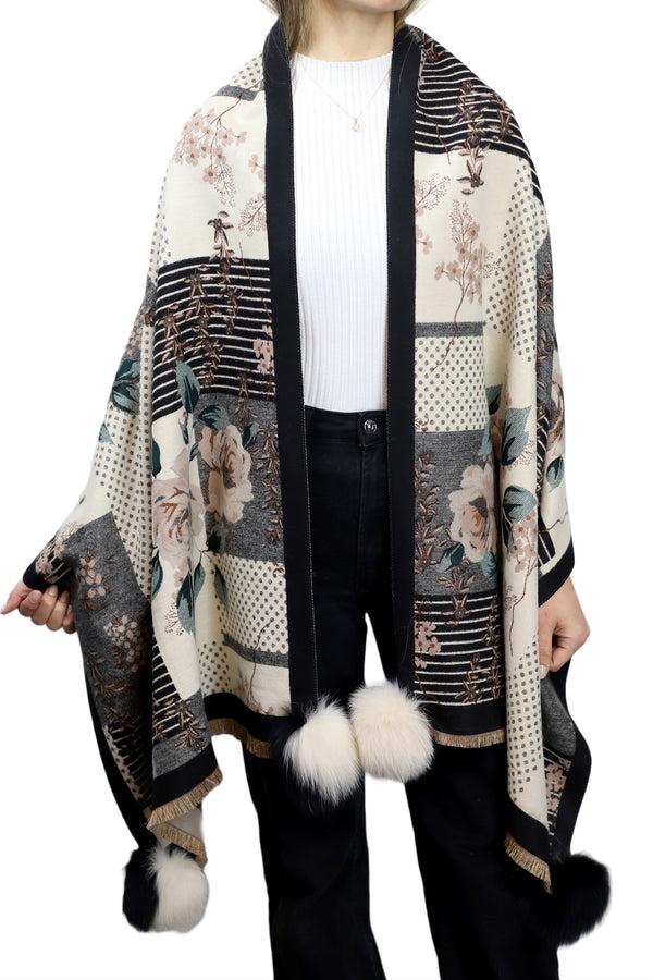 La Fiorentina Abstract Floral Print Wrap With Fox Poms - Black & Beige