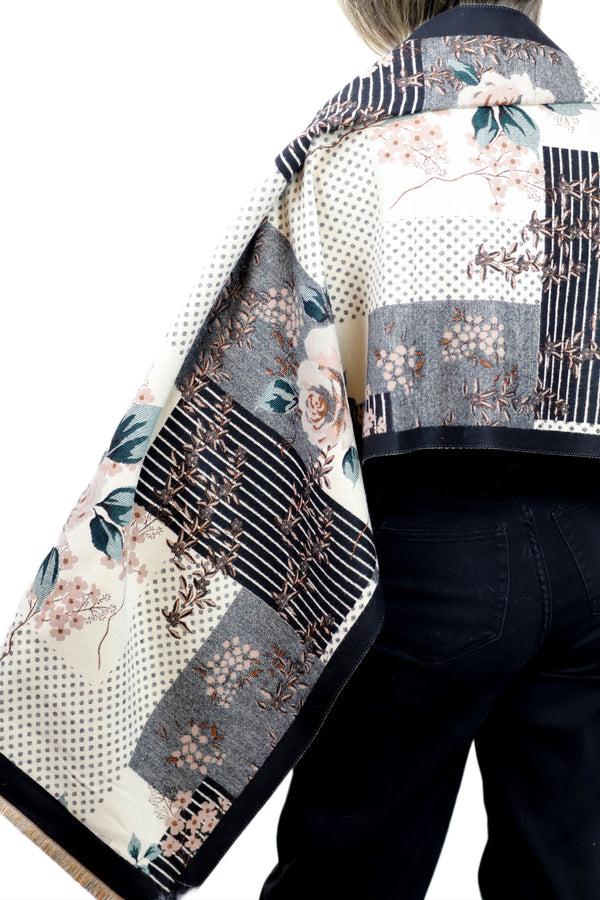 La Fiorentina Abstract Floral Print Wrap With Fox Poms - Black & Beige