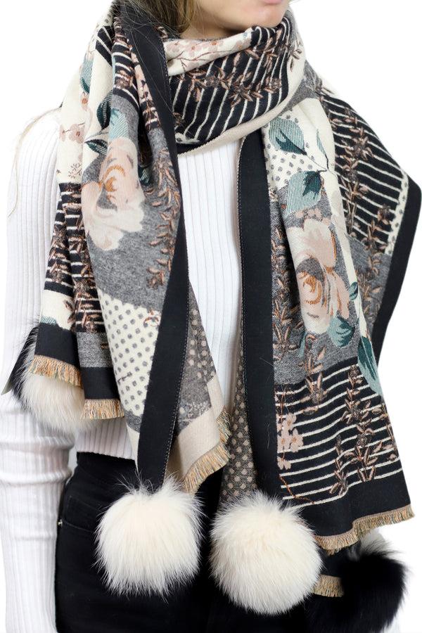 la fiorentina Abstract Floral Print Wrap with Fox Poms - Black & Beige