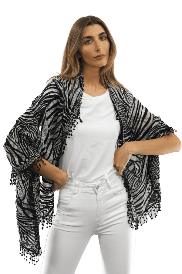 La Fiorentina All Over Animal Print With Pom Lace - Ivory Black