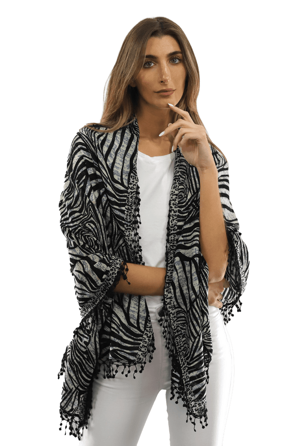 La Fiorentina All Over Animal Print With Pom Lace - Ivory Black