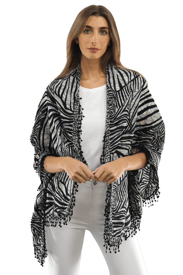 La Fiorentina All Over Animal Print With Pom Lace - Ivory Black