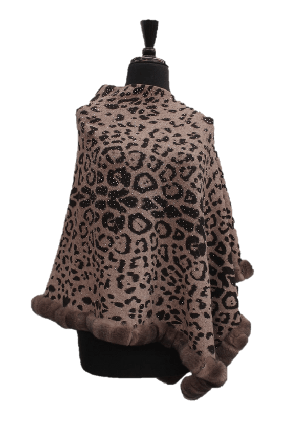 La Fiorentina Animal Print Poncho With Embellishments And Fur Trim- Leopard