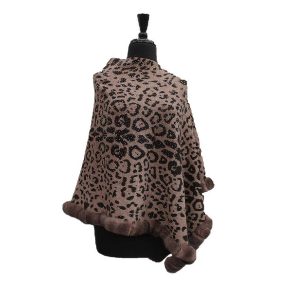 la fiorentina Animal Print Poncho with Embellishments and Fur Trim- Leopard