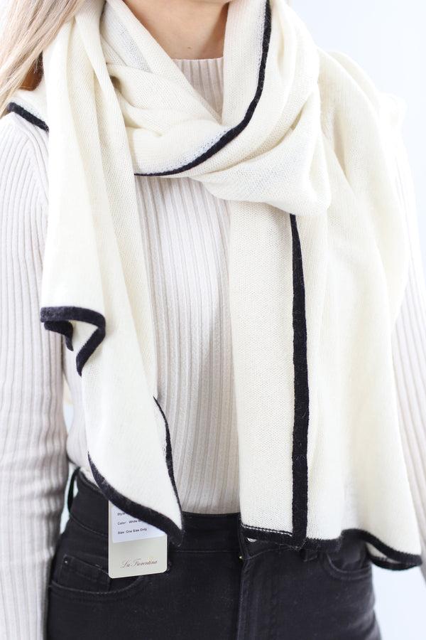 La Fiorentina Cashmere Blend Scarf With Color Block Border - Ivory/Black