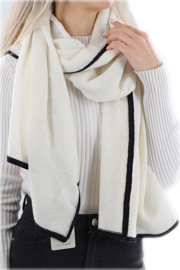La Fiorentina Cashmere Blend Scarf With Color Block Border - Ivory/Black