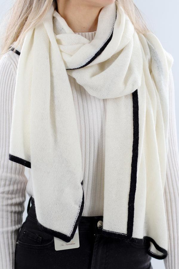 la fiorentina Cashmere Blend Scarf with Color Block Border - Ivory/Black