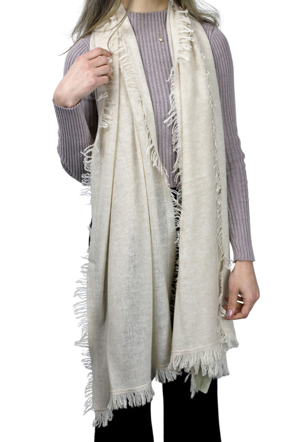 La Fiorentina Cashmere Blend Scarf With Fringe Beige - One Size (26 X 80 Inches)