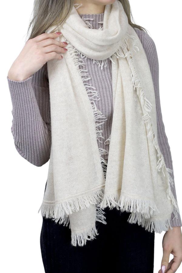 la fiorentina Cashmere Blend Scarf with Fringe Beige - One Size (26 x 80 inches)