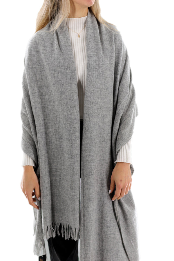 La Fiorentina Cashmere Blend Scarf With Fringes - Grey 26x80 In