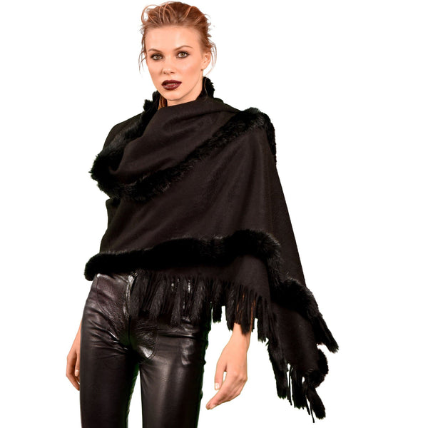 la fiorentina Cashmere Wrap with Rex Rabbit trim/tails - BLACK