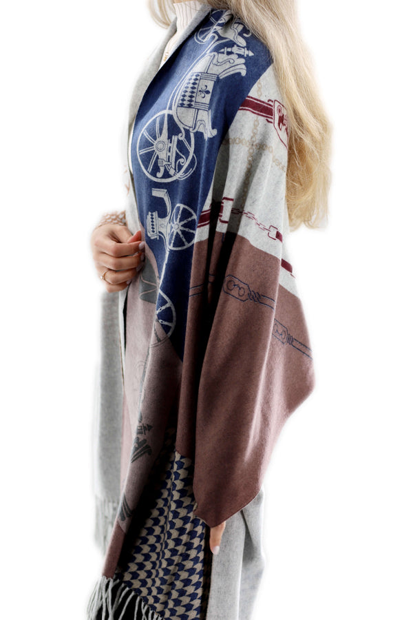 La Fiorentina Chain/Carriage Ride Print Cashmere Wrap - Grey/Brown/Navy - One Size