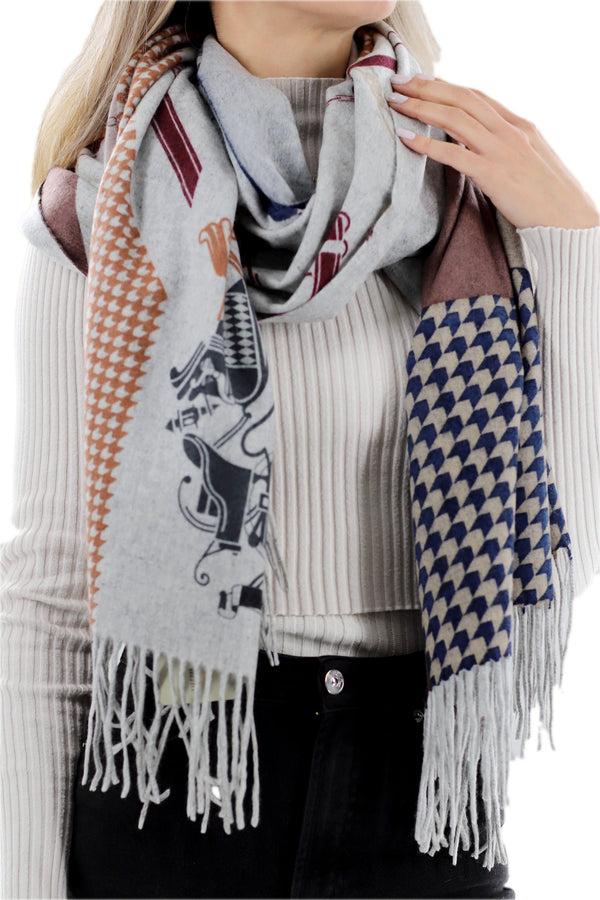 La Fiorentina Chain/Carriage Ride Print Cashmere Wrap - Grey/Brown/Navy - One Size